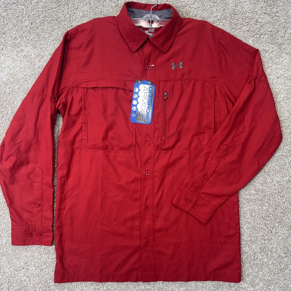 Under Armour Fishing Shirt Mens Small Offshore Armour Red Button-Down NEW